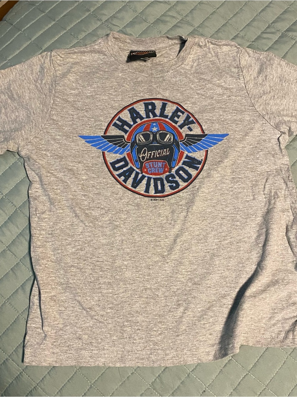 Harley-Davidson Gray Tee with Blue & Red Winged Stunt Crew Graphic